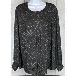 NWT Ava & Viv X Long Sleeve Pintuck Blouse Black Gold Foil Print Sheer Lined